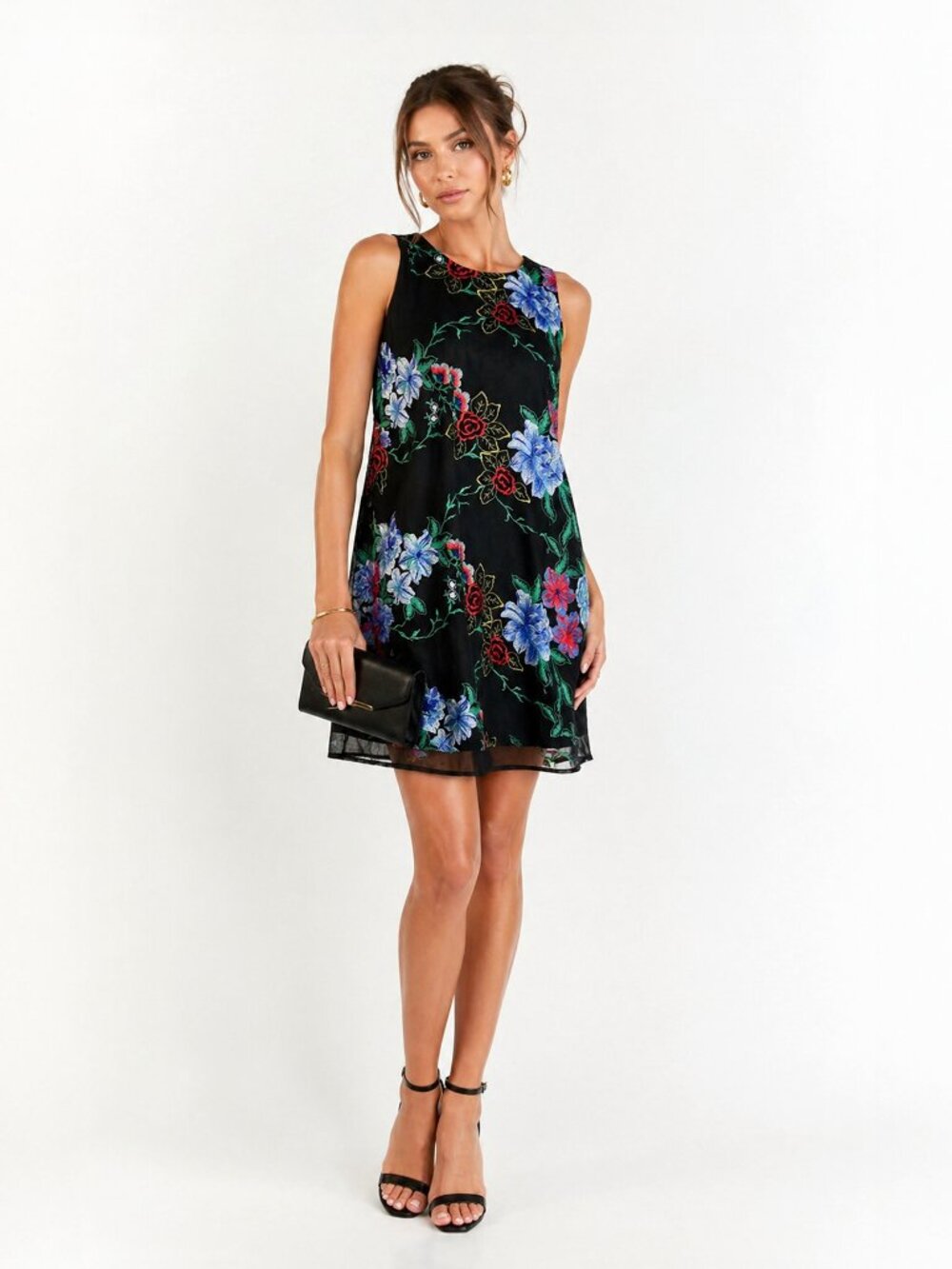 Beige by ECI Embroidered Mesh Shift Dress M Floral Cocktail Wedding Guest